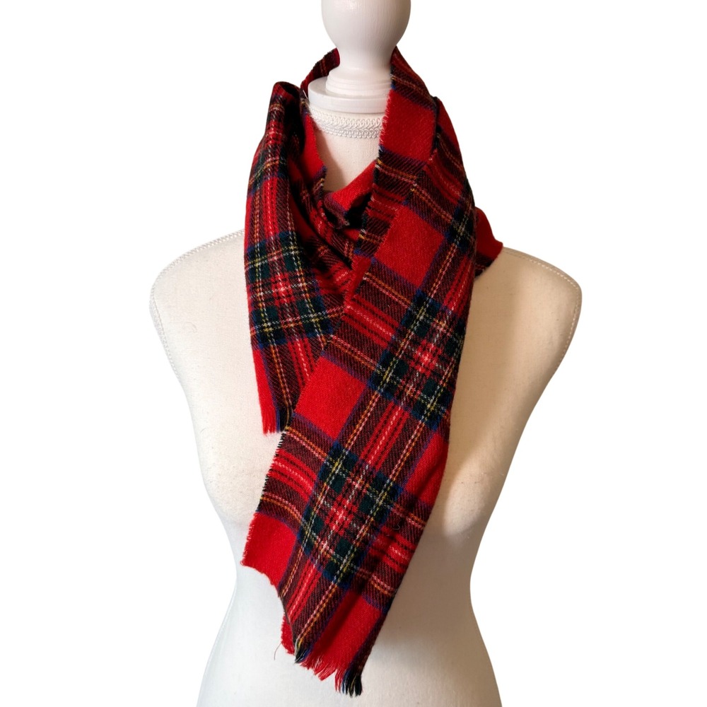 Vintage Scottish Tartan Plaid Scarf 100% Lambswool Made in Scotland Red Wool